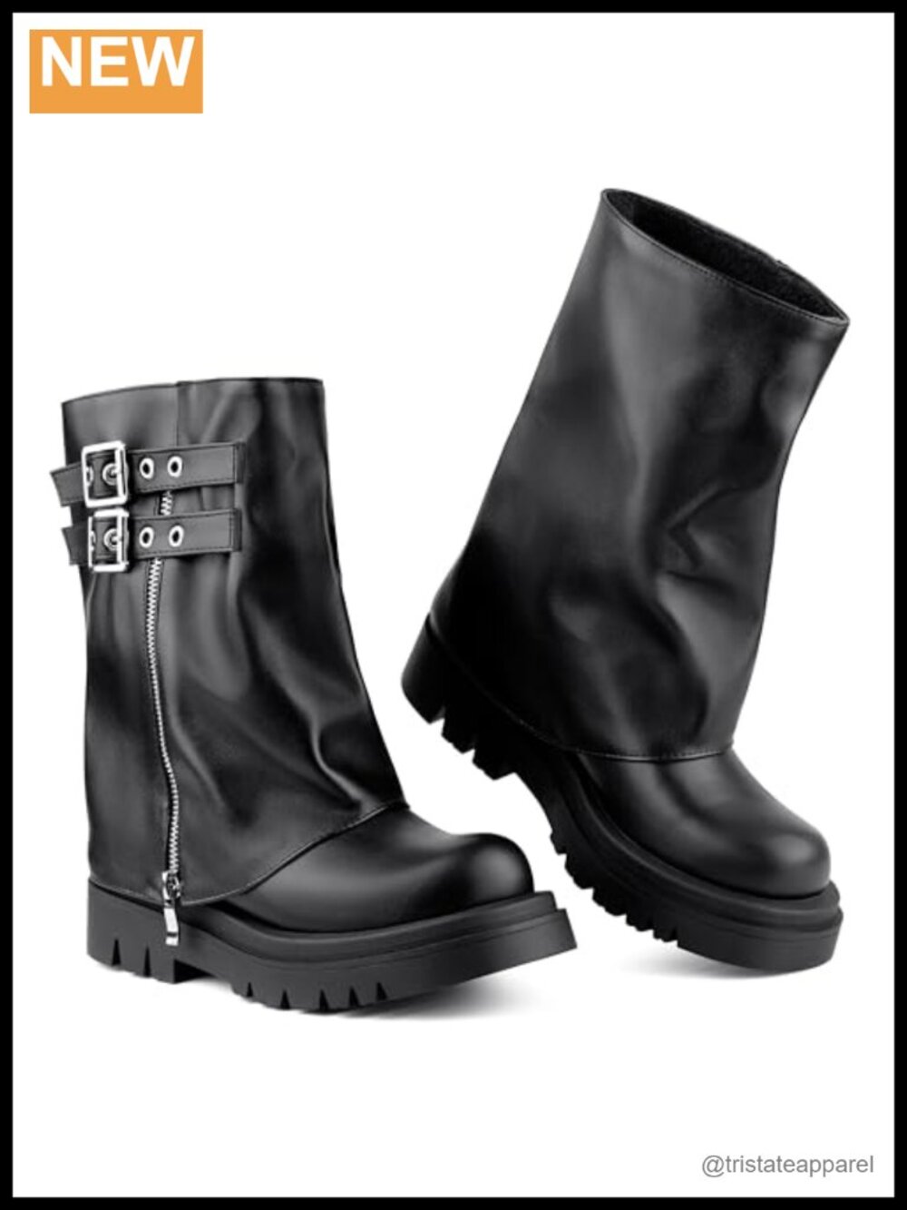 Women's Mid Calf Slouchy Fold Over Combat Boots Faux Leather Platform
